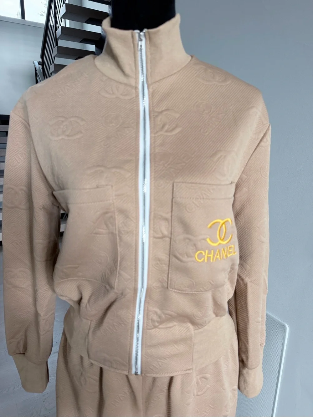 CHANEL Beige Lounge Set Tracksuit Two Piece Matching Set with pockets size S